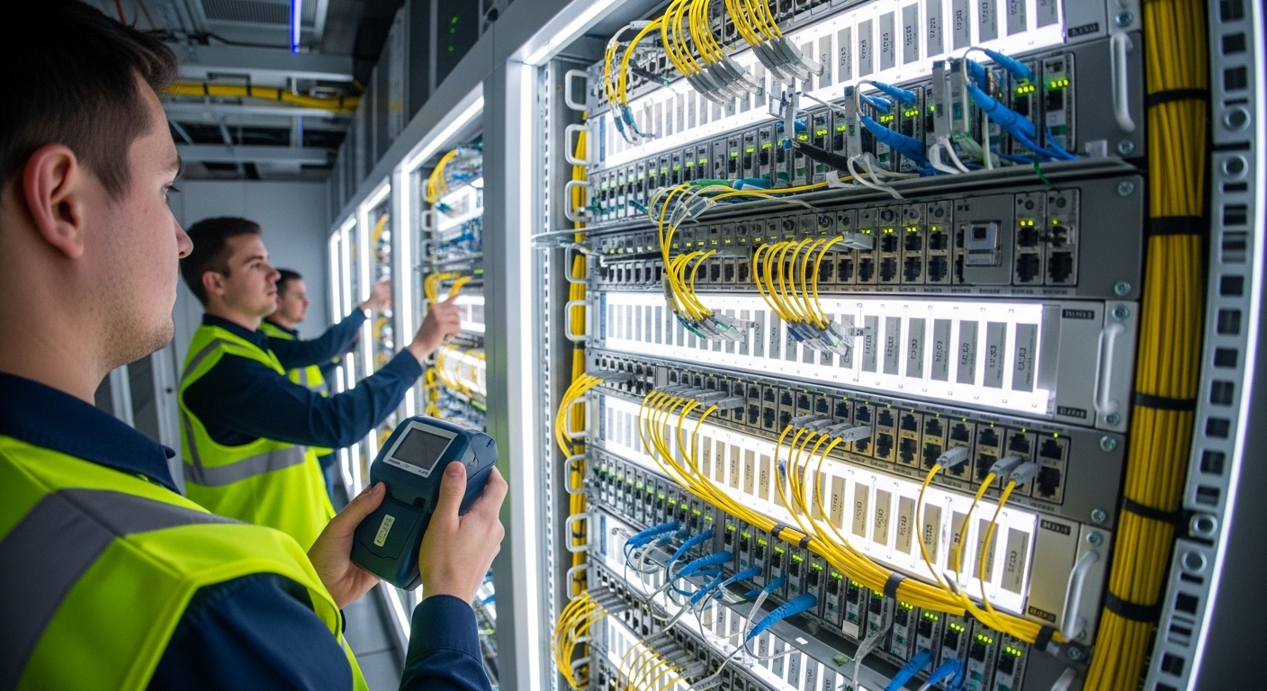 A wide-angle photography scene inside a modern multi-tier data center, showing a row of leaf-spine switches with brightly lit