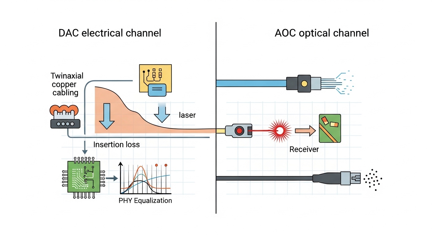 Concept illustration in clean vector style: a split-screen diagram showing two signal paths—left labeled “DAC electrical chan