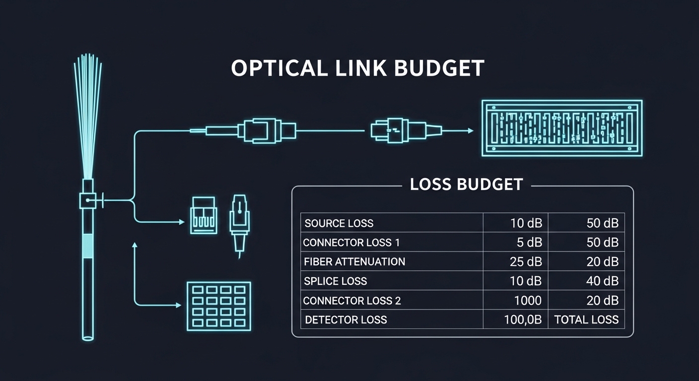 Clean vector illustration of an optical link budget diagram, showing fiber core, connectors, patch panels, and a calculator-s