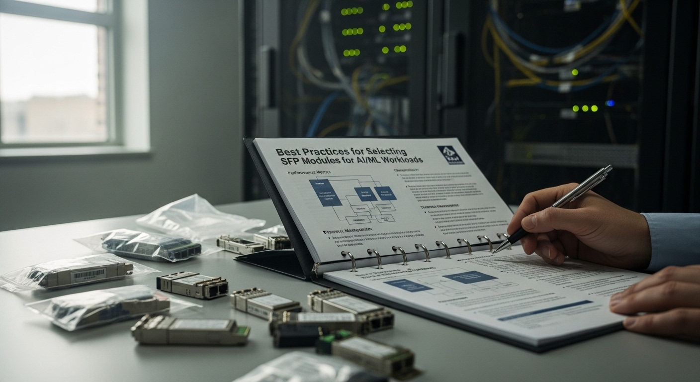 Documentary-style photo of selection guide, Best Practices for Selecting SFP Modules for AI/ML Workloads, natural lighting, a