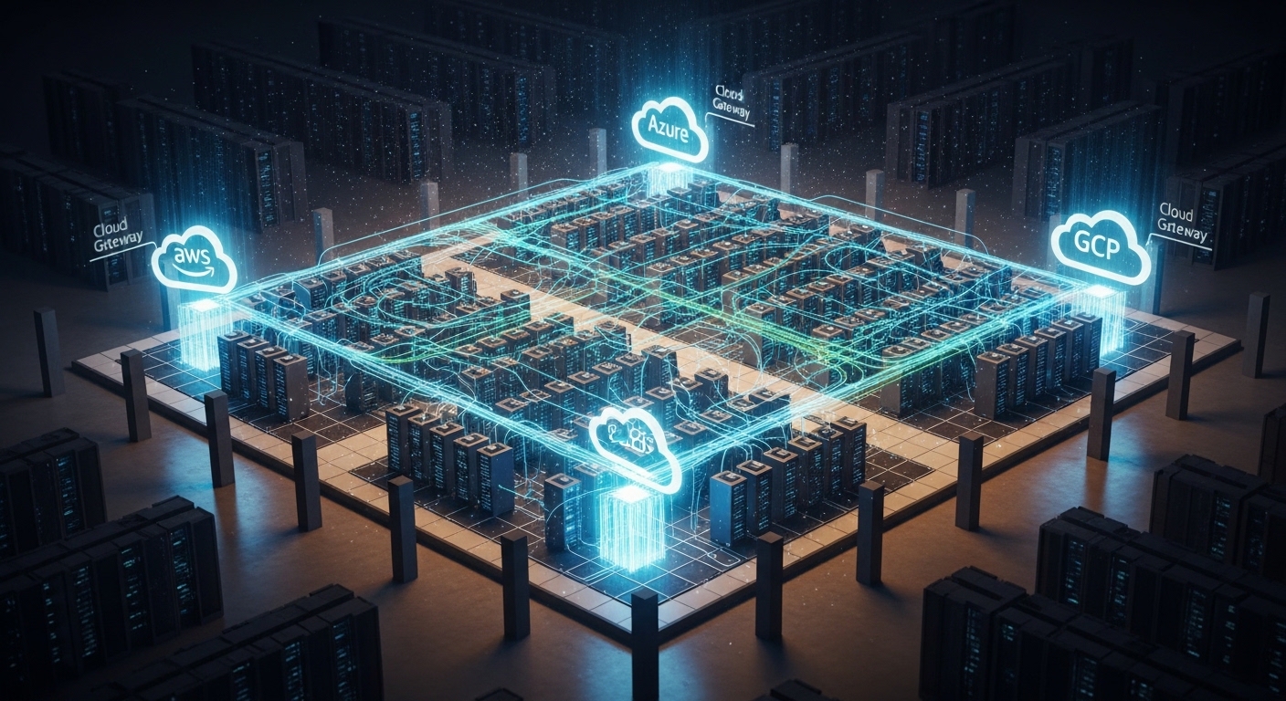 Concept art scene of a multi-cloud network map overlaid on a data center floor plan, with glowing fiber routes connecting rac