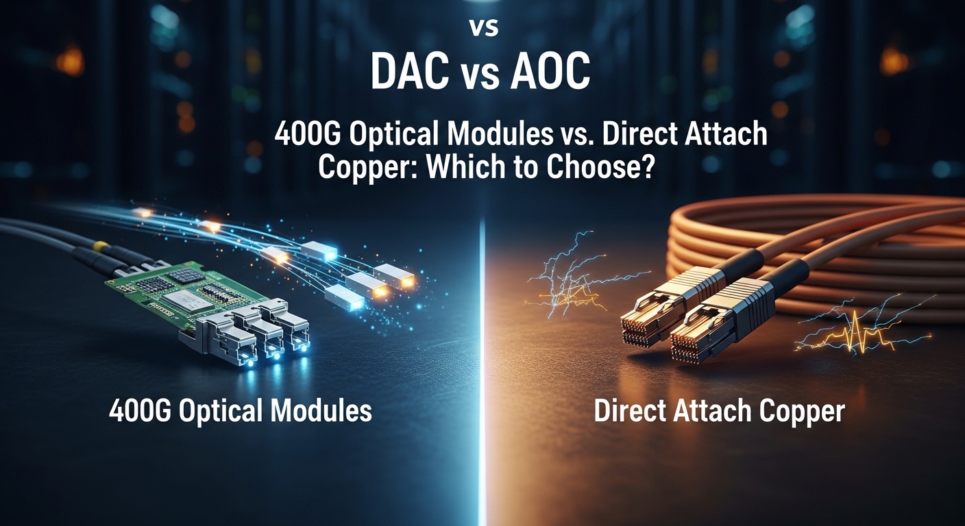 Cinematic editorial photograph of DAC vs AOC, 400G Optical Modules vs. Direct Attach Copper: Which to Choose?, dramatic light