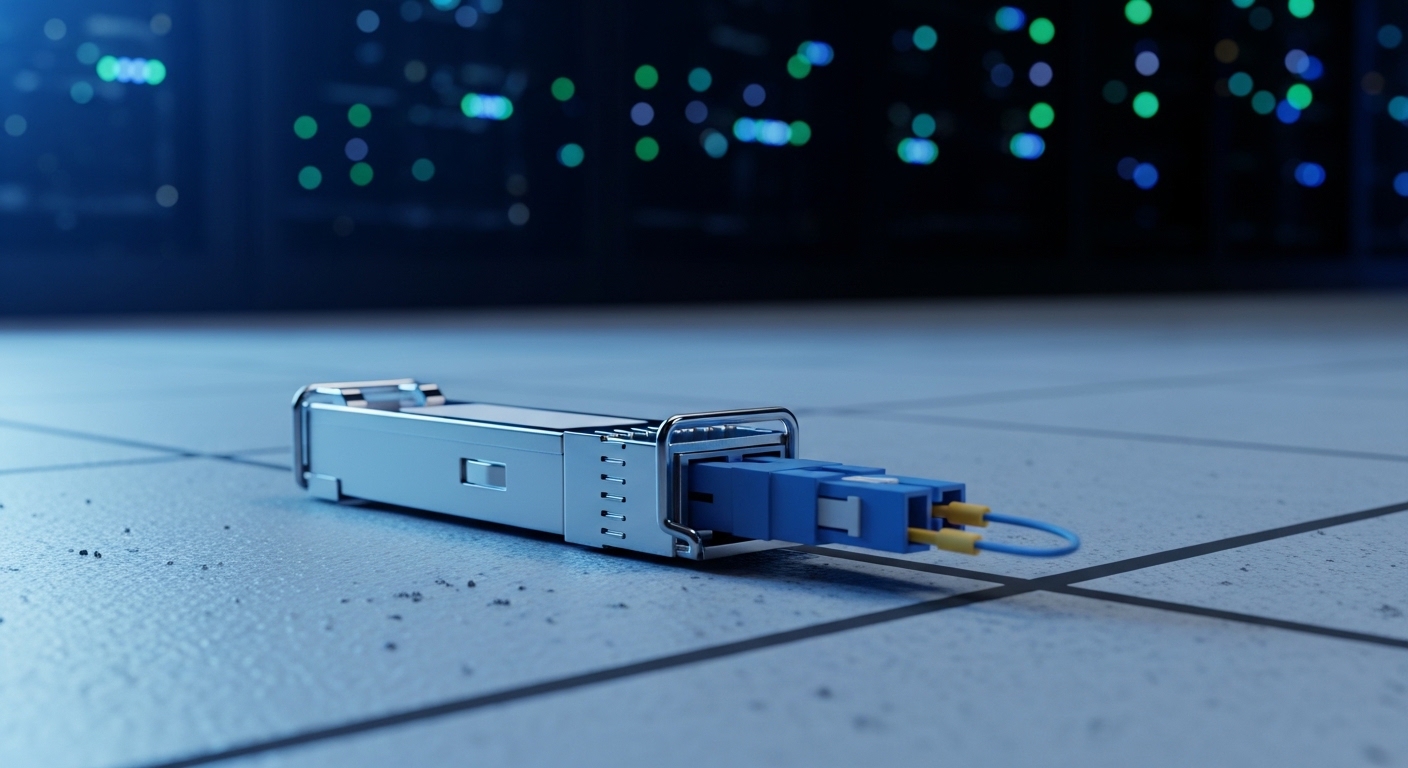 Photorealistic close-up of an SFP transceiver module with an LC duplex fiber connector plugged into it, on a raised floor til
