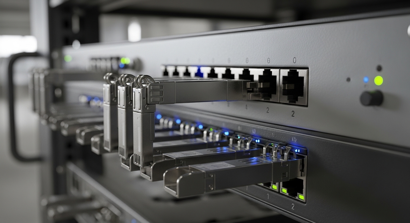 Photorealistic close-up of a rugged edge compute rack in an industrial site, showing multiple hot-swappable SFP+ and SFP28 tr