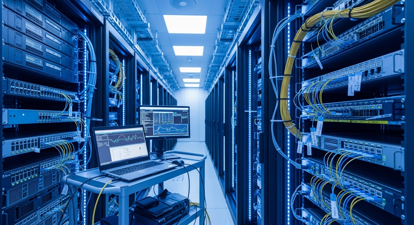 A wide-angle documentary-style photograph inside a modern data center aisle, showing a row of ToR switches with fiber patch p