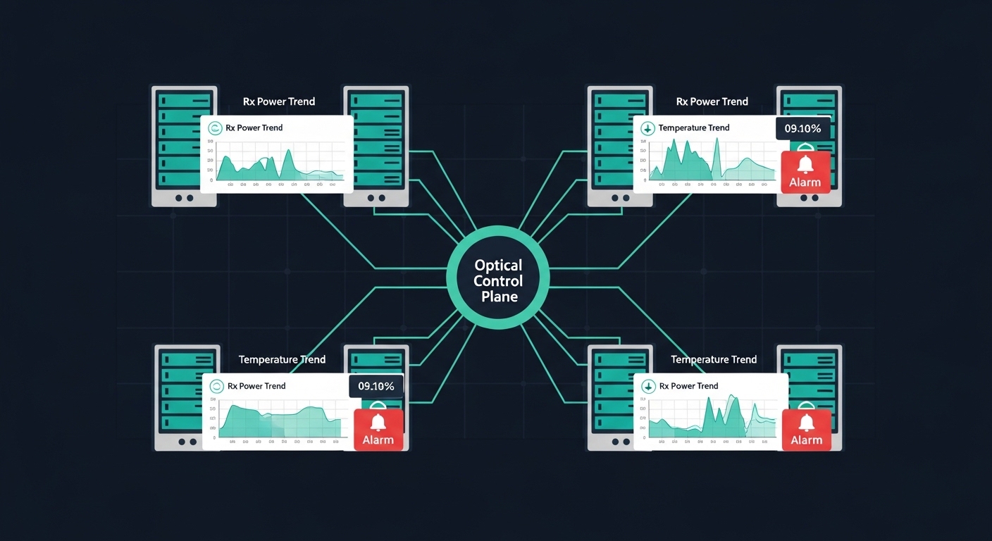 Clean vector illustration of a network control dashboard, with a central “optical control plane” hub connected by lines to ra