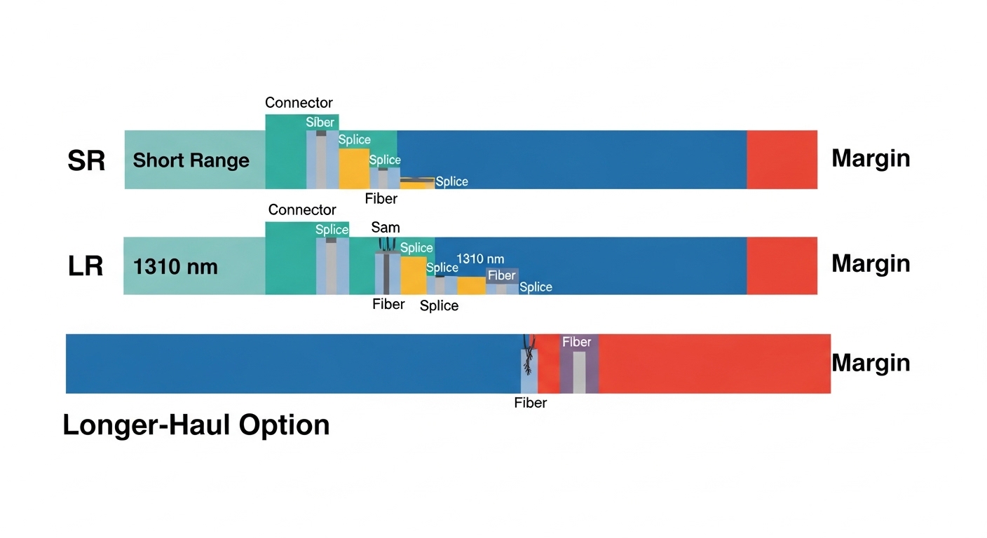 Clean vector illustration comparing link budgets, with three horizontal bars labeled SR, LR, and a longer-haul option, showin