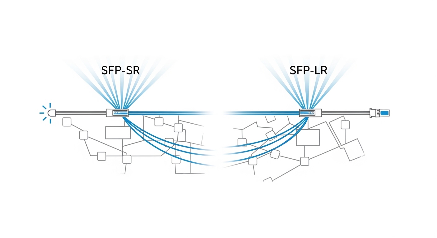 Clean vector illustration comparing two fiber paths on a schematic map: left side labeled SFP-SR using multimode fiber with 8