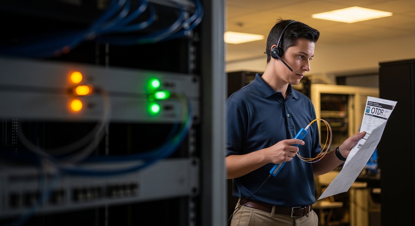 Lifestyle scene in an IT network operations center: an engineer in a headset holding a fiber cleaning kit and an OTDR printou