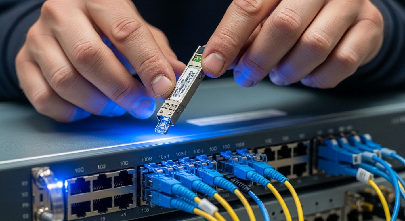 Close-up photography of a field engineer holding an SFP+ optical transceiver above an open 10G switch chassis, LC fiber patch