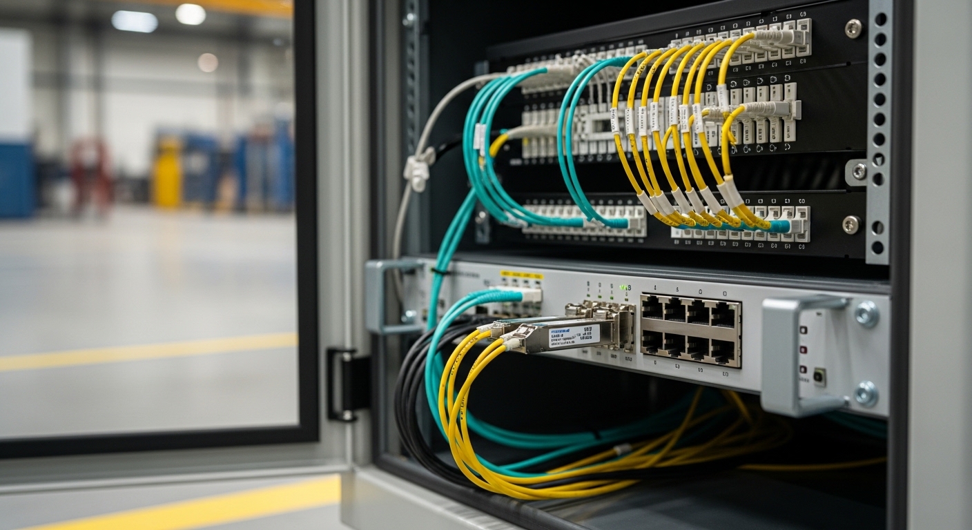 Close-up photography of a rugged IoT edge gateway cabinet open on a factory floor, showing fiber patch panels and two 10G SFP