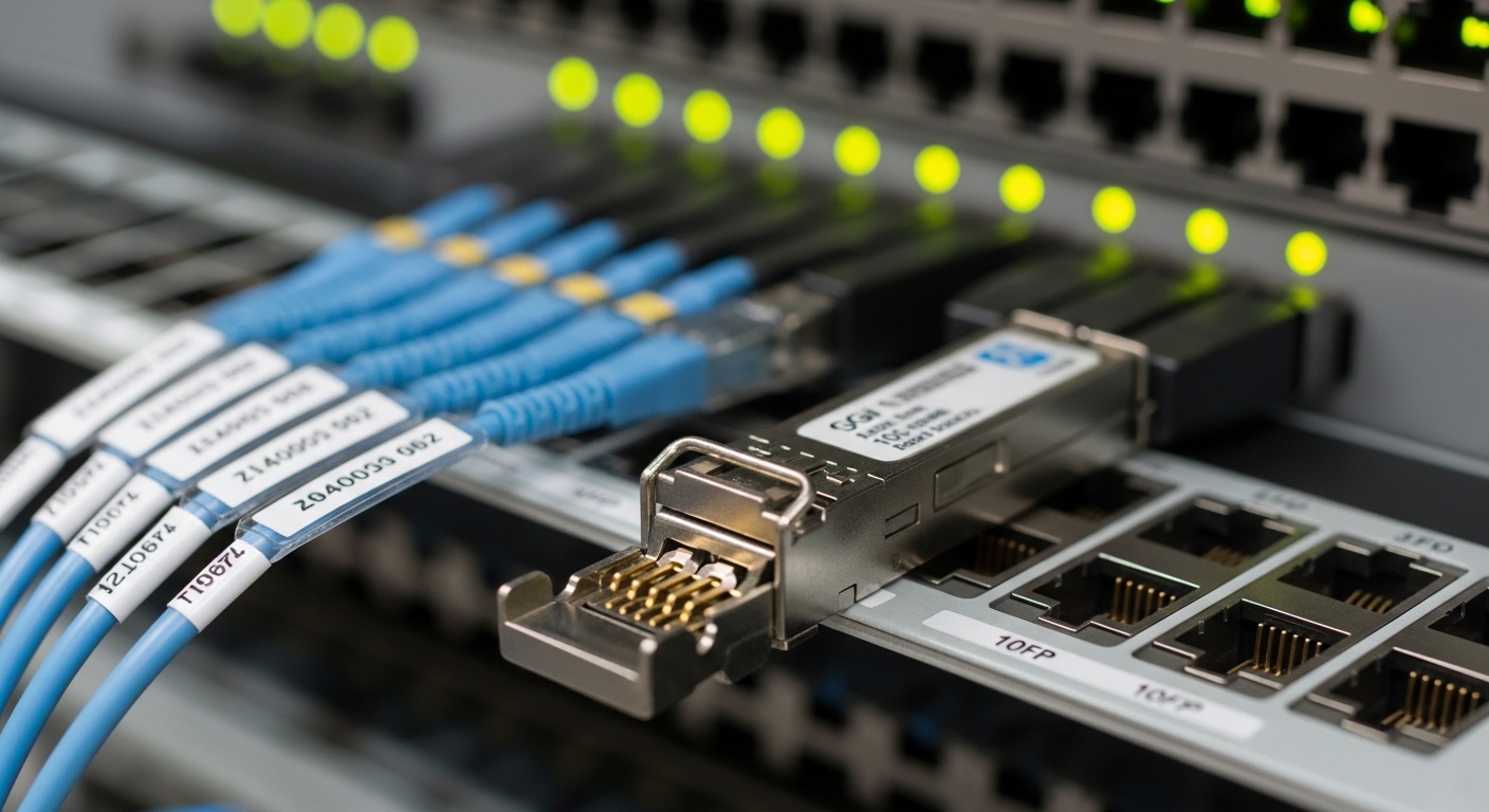 Close-up photography of a deployed network rack, showing an open SFP cage on a carrier-grade Ethernet line card with a 10G SF