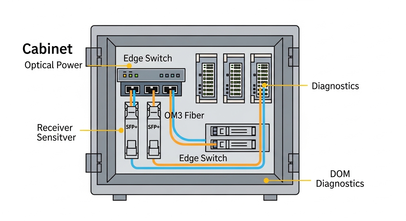 Illustrated diagram in clean vector style showing a cabinet network with an edge switch, OM3 fiber run, patch panels, and two