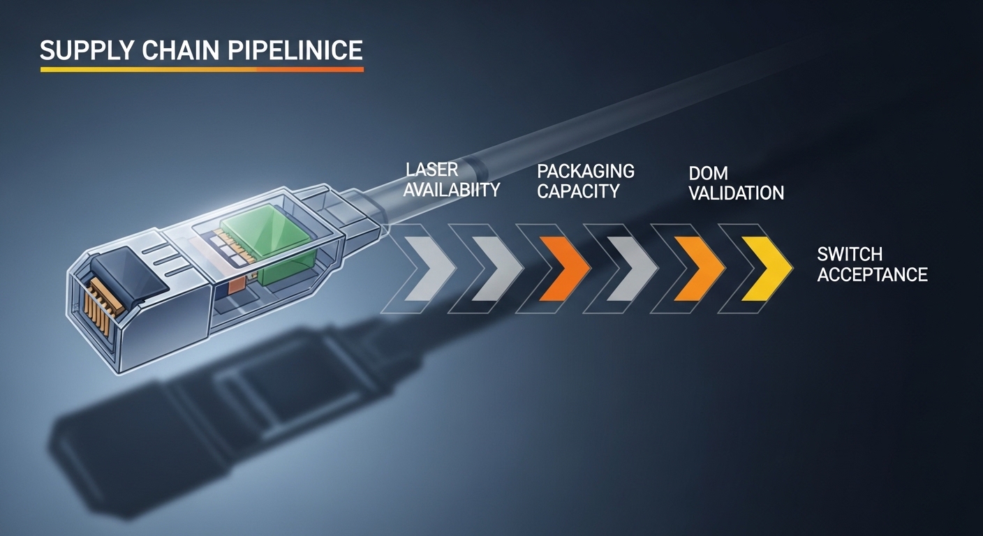 Concept art style infographic showing a supply chain pipeline with arrows labeled “laser availability,” “packaging capacity,”