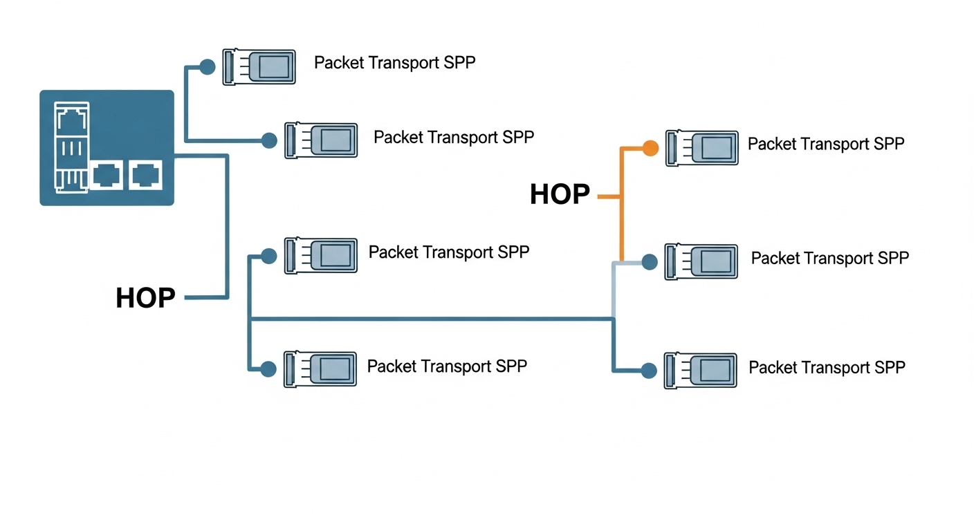 Vector illustration concept showing an MPLS-TP path from core to edge, with color-coded fiber segments (MMF OM4 vs SMF OS2), 