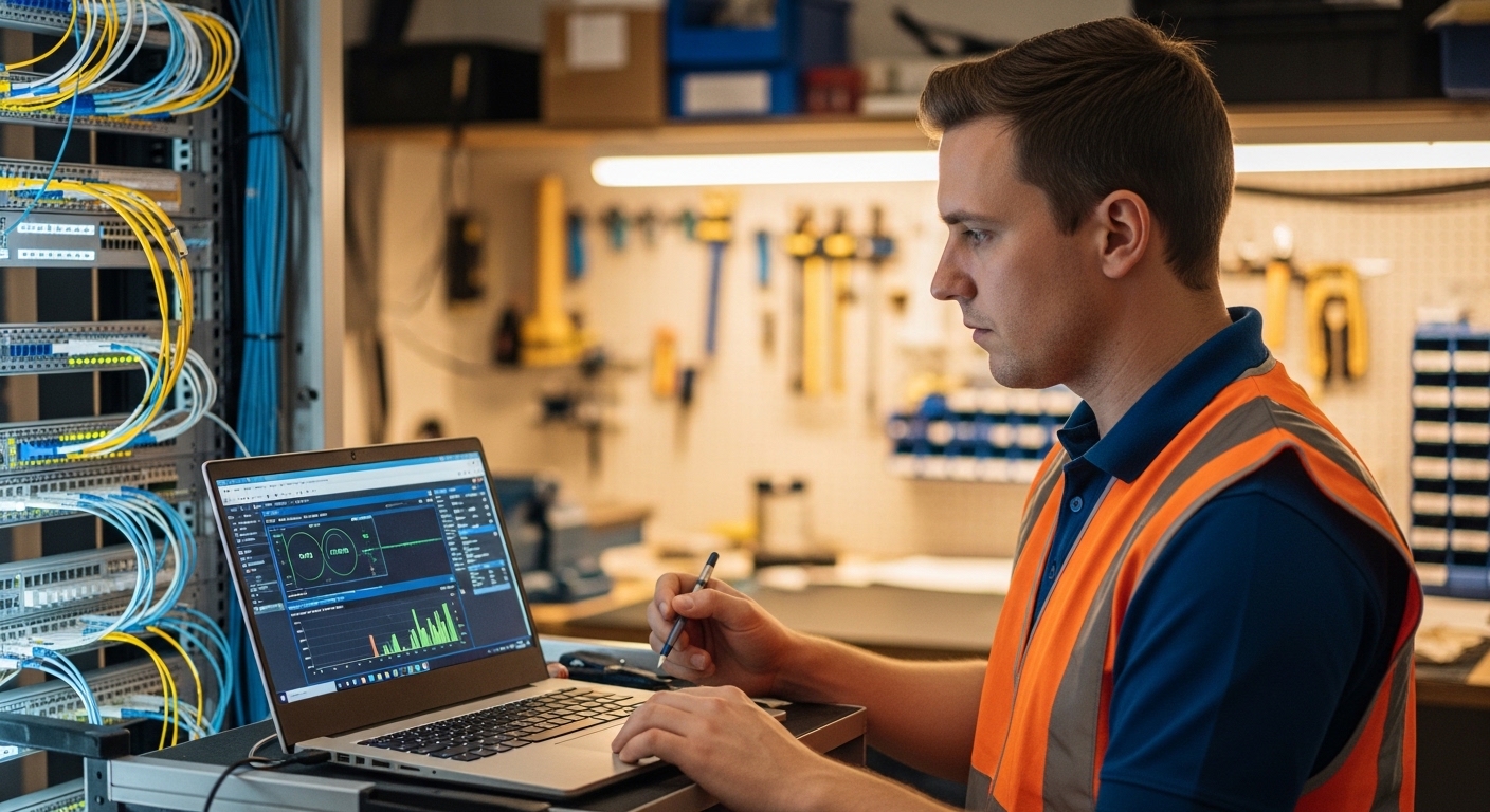Realistic lifestyle photo of a network engineer in a safety vest using a laptop to monitor switch interface counters while st