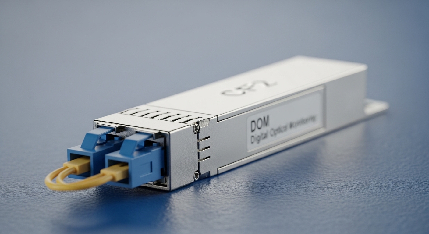 Ultra-realistic macro photography of a CFP2 coherent transceiver module sitting on an antistatic mat, LC fiber connectors in 