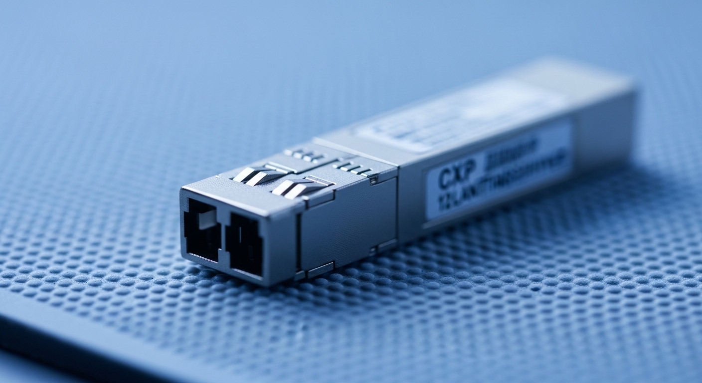 A macro photography style shot of a CXP transceiver module lying on an anti-static mat, showing the 12-lane optical connector