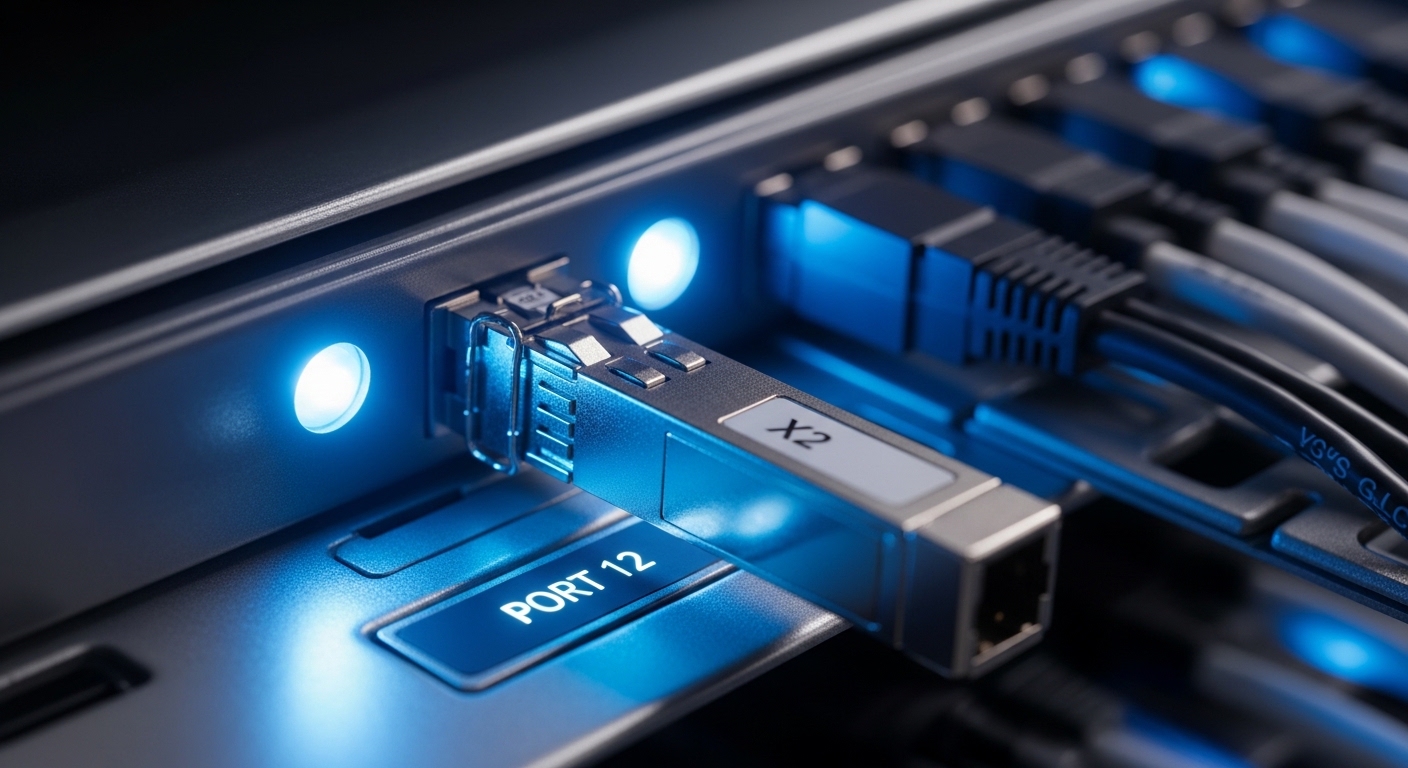 Photorealistic close-up of a data-center aggregation chassis slot with an X2 optical transceiver inserted, macro lens look, c