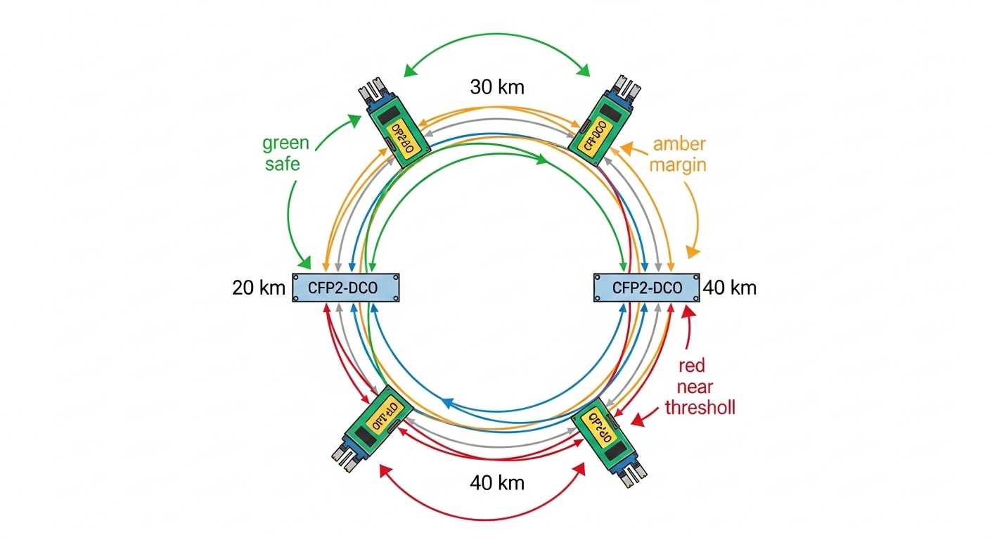 Conceptual illustration in clean vector style showing a metro fiber ring with labeled spans of 20 km, 30 km, 40 km, and a sma
