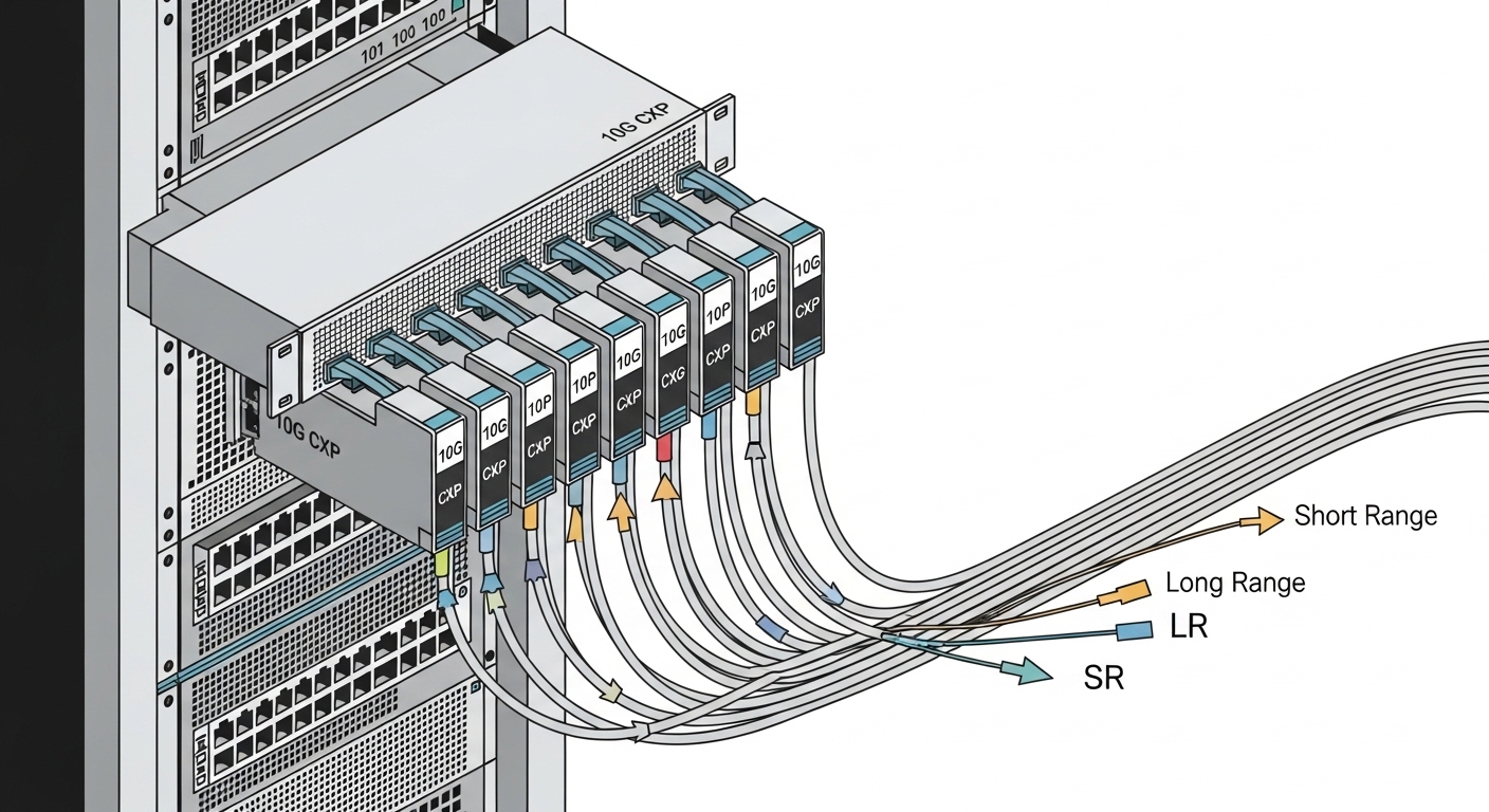 An isometric illustration of a data center rack labeled with generic port numbers, showing 12x10G CXP modules snapping into a