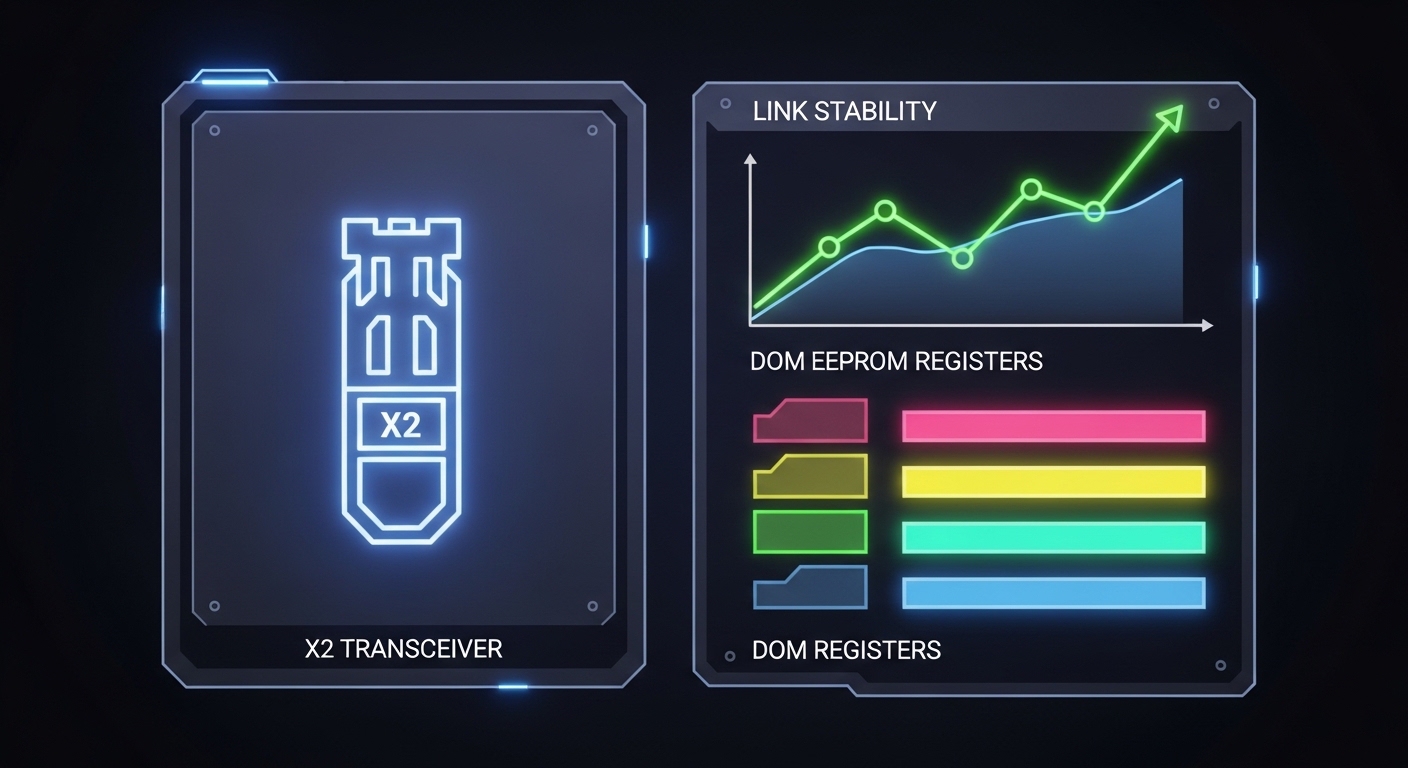 Conceptual illustration of a network switch dashboard with a legacy X2 transceiver icon, DOM EEPROM registers shown as colore