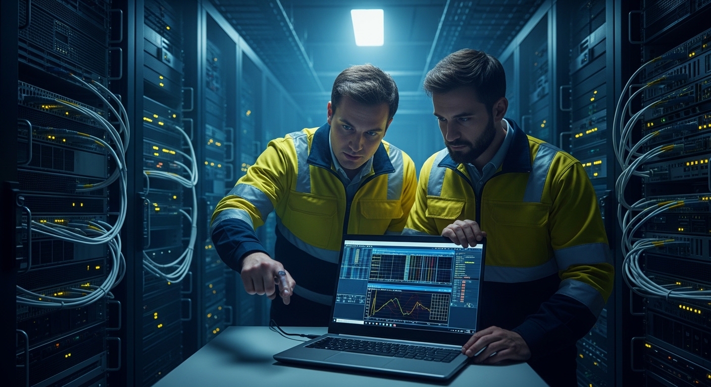 Photorealistic lifestyle scene inside a telecom equipment room at night, engineers in high-visibility jackets checking a lapt