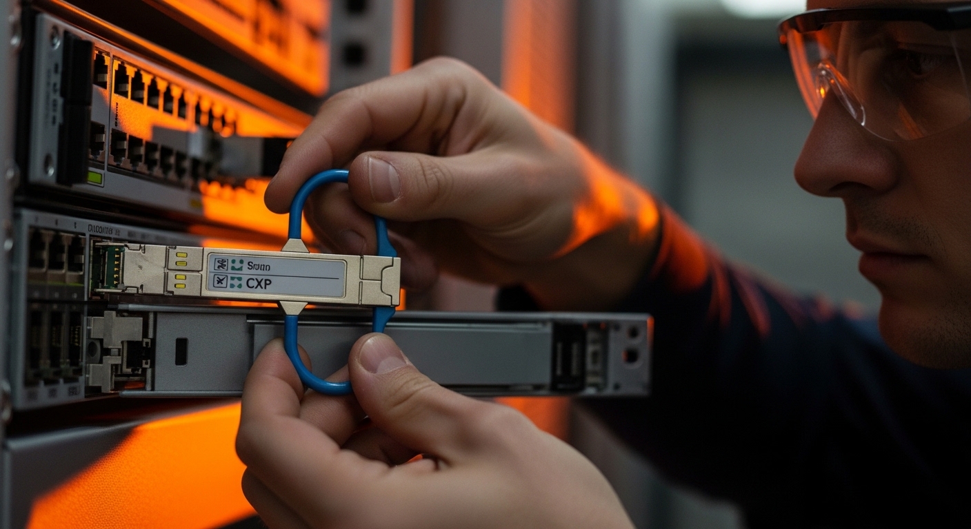 Documentary-style lifestyle scene inside a server room, a field engineer in safety glasses holding a CXP transceiver by the h