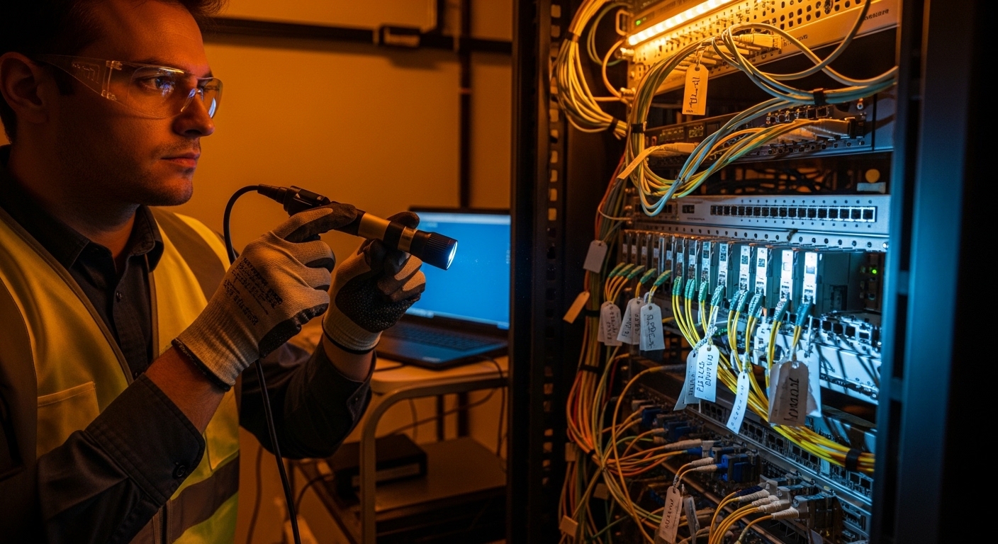 Lifestyle scene in a small server room at night, an engineer wearing PPE holds a handheld fiber inspection light near an open