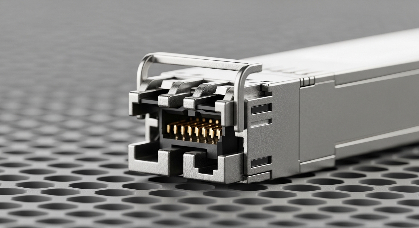 Ultra-realistic macro photography of an OSFP 800G transceiver module on an antistatic mat, close-up of the optical connector 