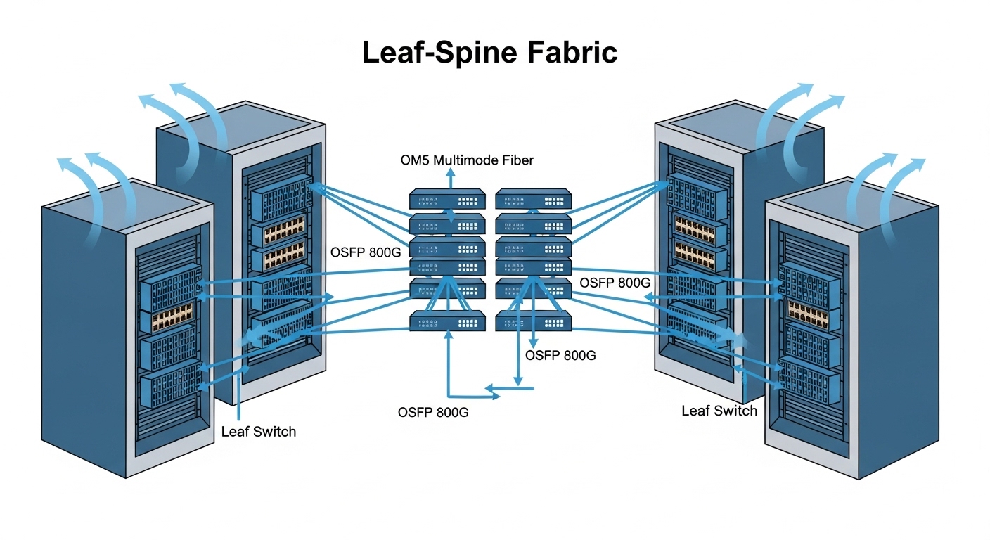 Clean architectural illustration showing a leaf-spine fabric diagram with labeled OSFP 800G links, OM5 multimode patch panels