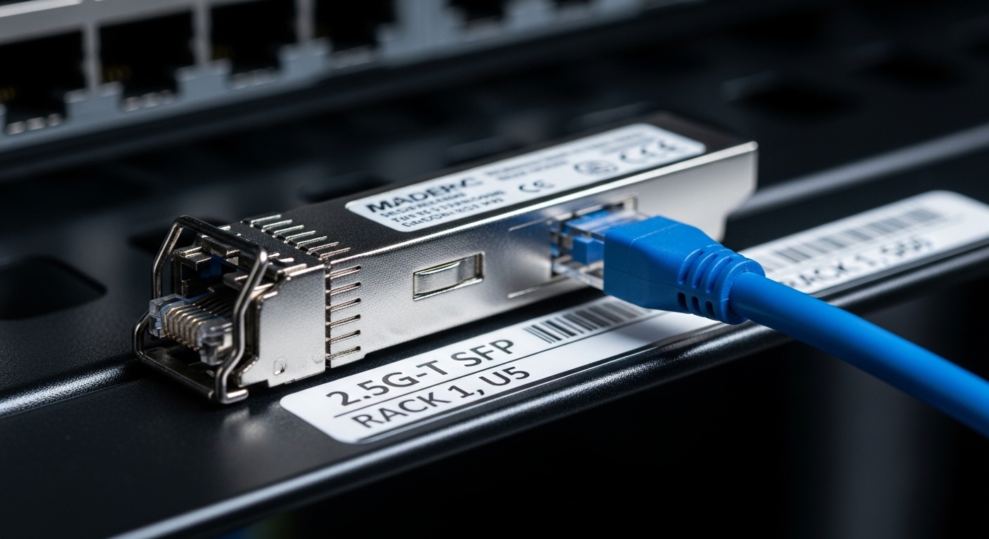 A macro photography shot of a metal 2.5GBASE-T SFP transceiver with an RJ-45 copper interface visible, placed on an open netw