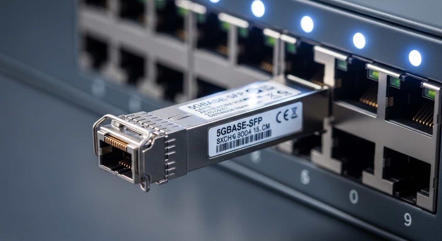 Macro photography of a 5GBASE-T SFP module inserted into a campus access switch port, showing the RJ-45 style copper interfac