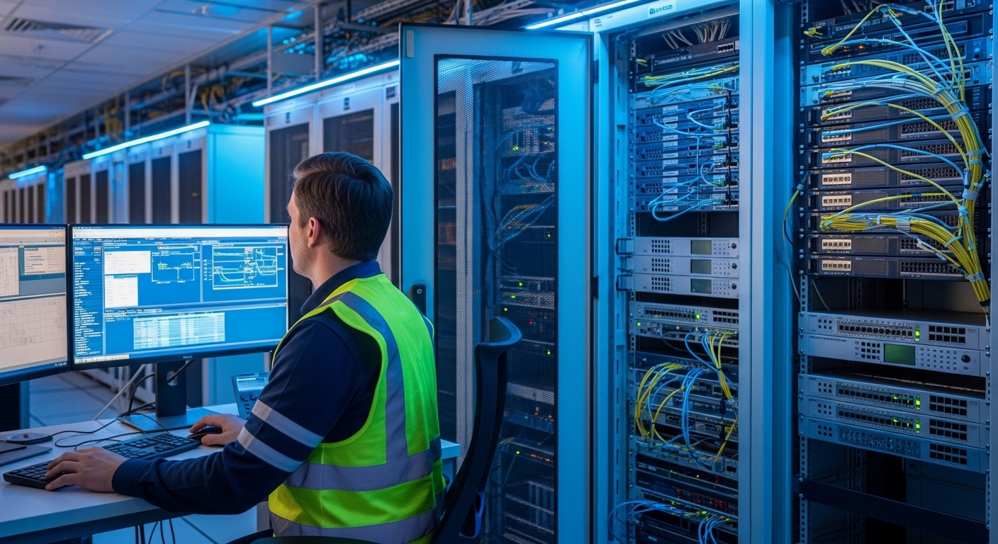 Photorealistic lifestyle scene inside a data center operations room: an engineer in safety vest reviews switch telemetry on a