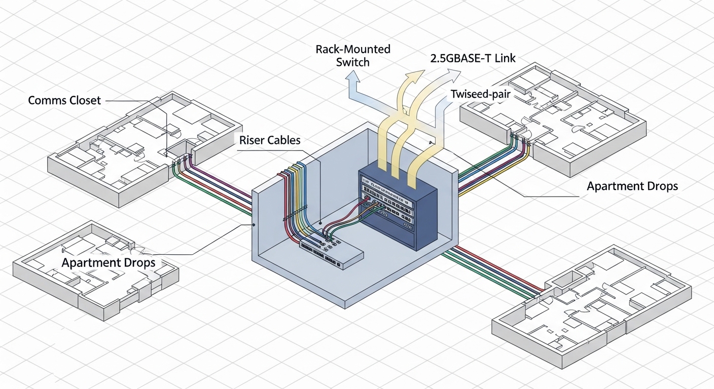 An isometric concept illustration showing a building floor plan with riser cables, a comms closet, a rack-mounted switch, and