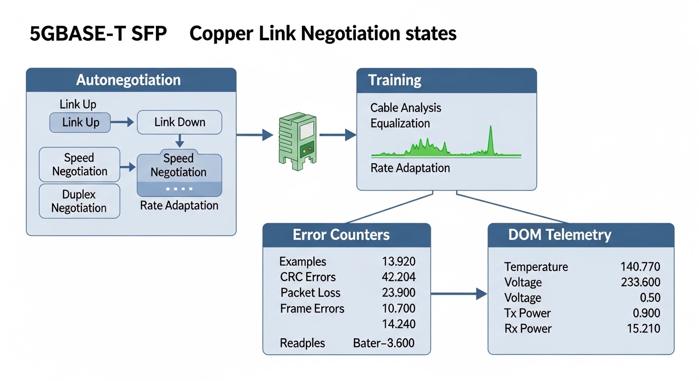 Clean vector illustration comparing copper link negotiation states for a 5GBASE-T SFP, with labeled blocks for autoneg, train