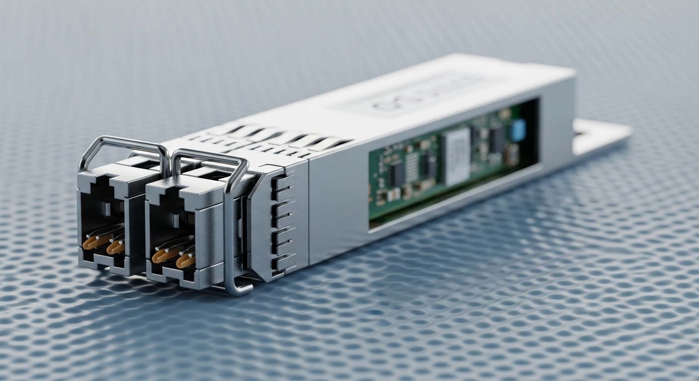 Macro photography of a QSFP-DD 400G optical transceiver module on an anti-static mat, angled three-quarters view, showing the
