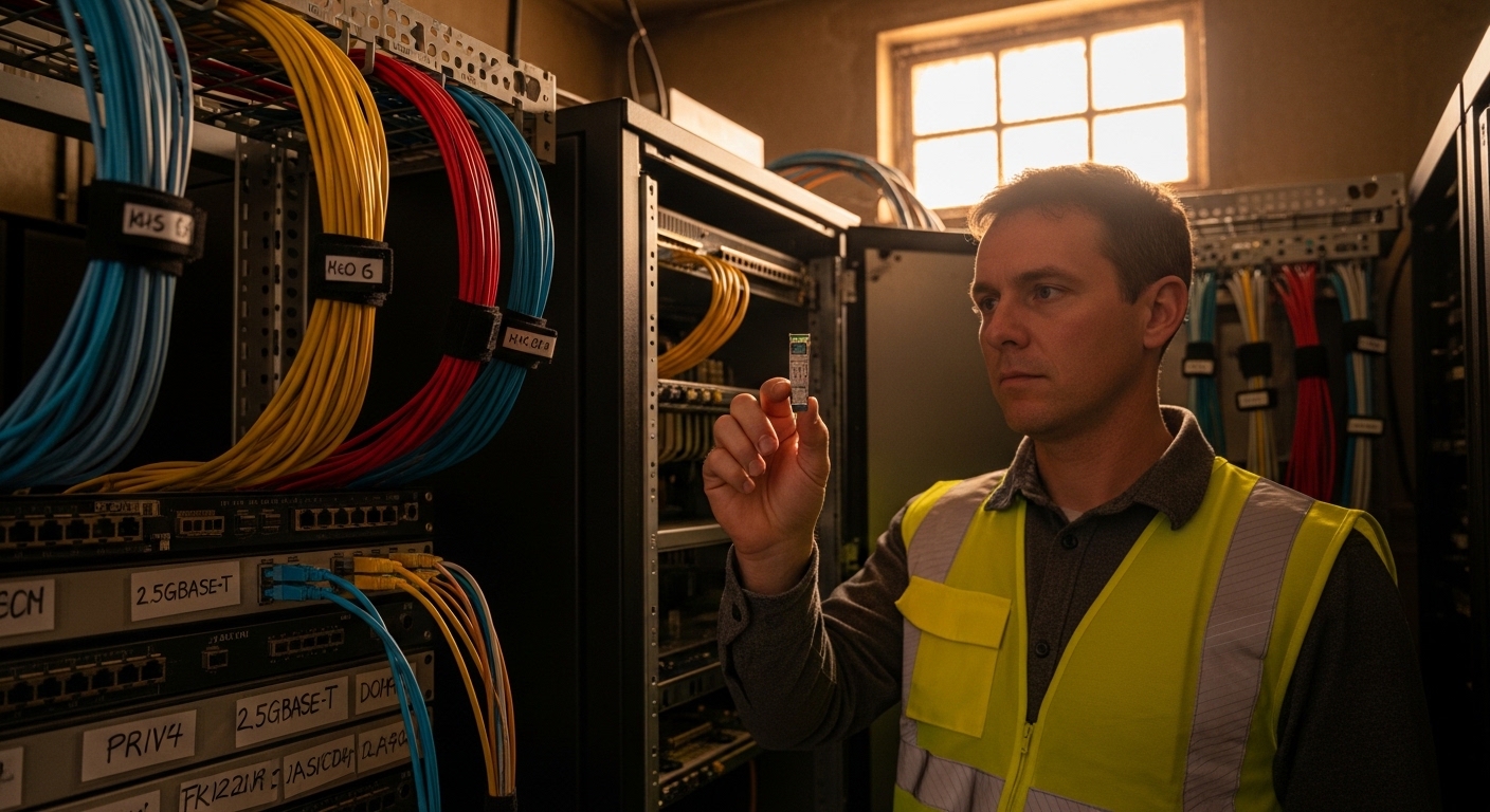 Photo-realistic lifestyle scene inside a comms closet at golden hour; a field engineer in high-visibility vest holds a 2.5GBA