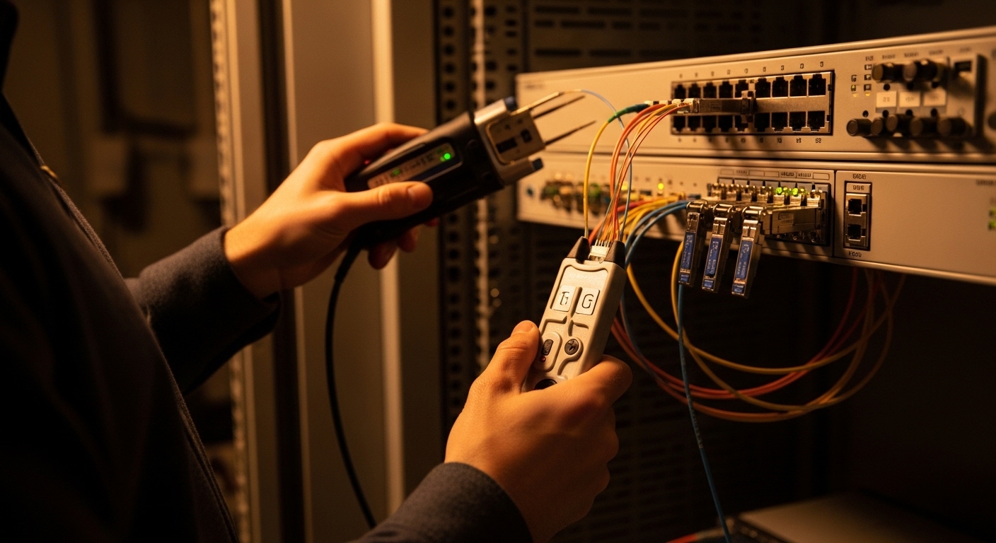 Photorealistic lifestyle scene inside a campus wiring closet at dusk, technician holding a fiber and copper cable certificati