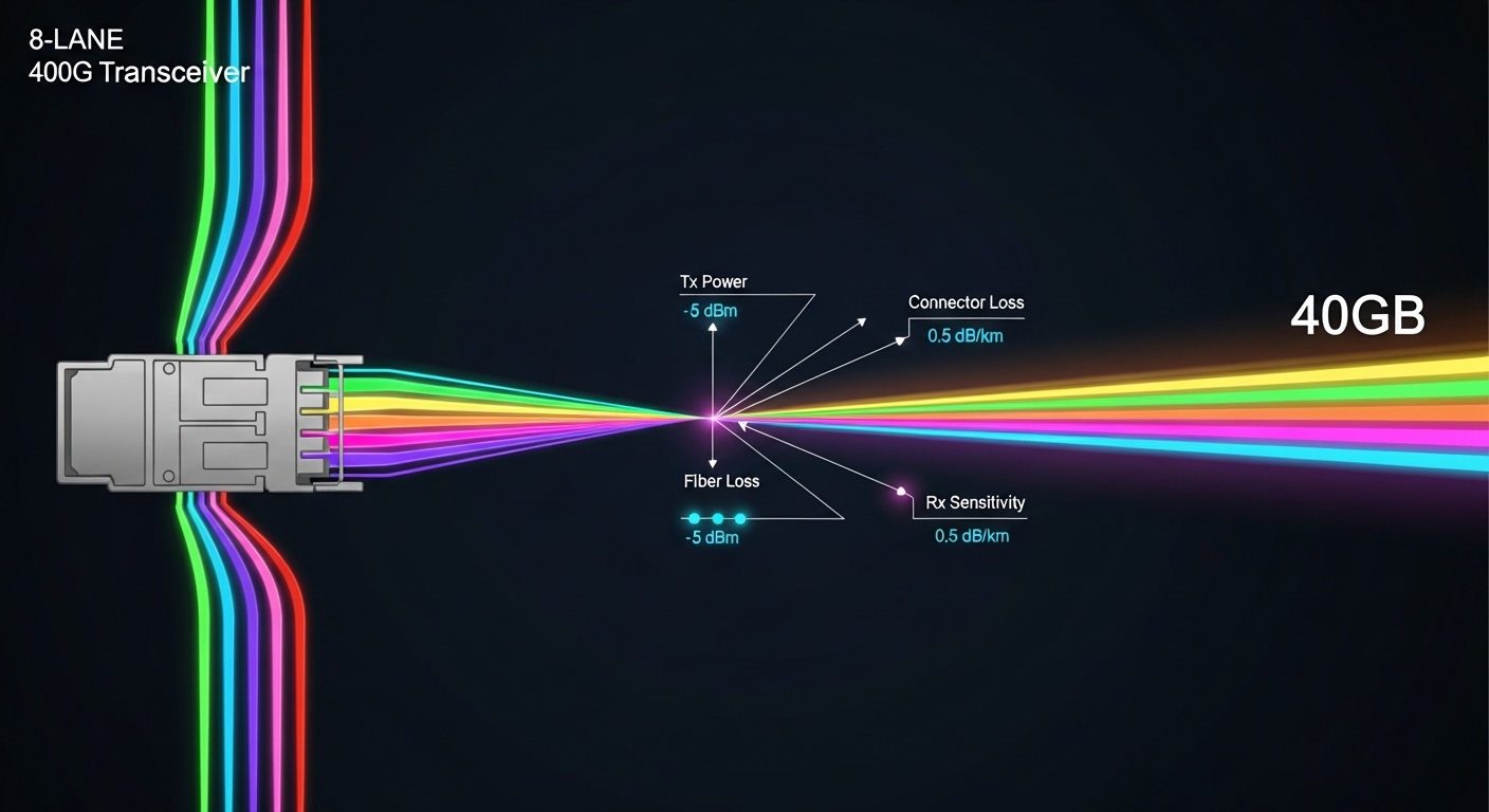 Conceptual illustration of an 8-lane QSFP-DD 400G transceiver, with eight colored signal lanes converging into a single 400G 