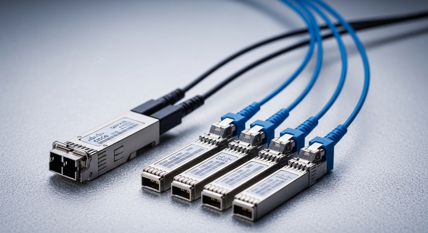 Macro photography of a Cisco-style QSFP28 transceiver and a row of small SFP28 transceivers on an anti-static mat, side-by-si