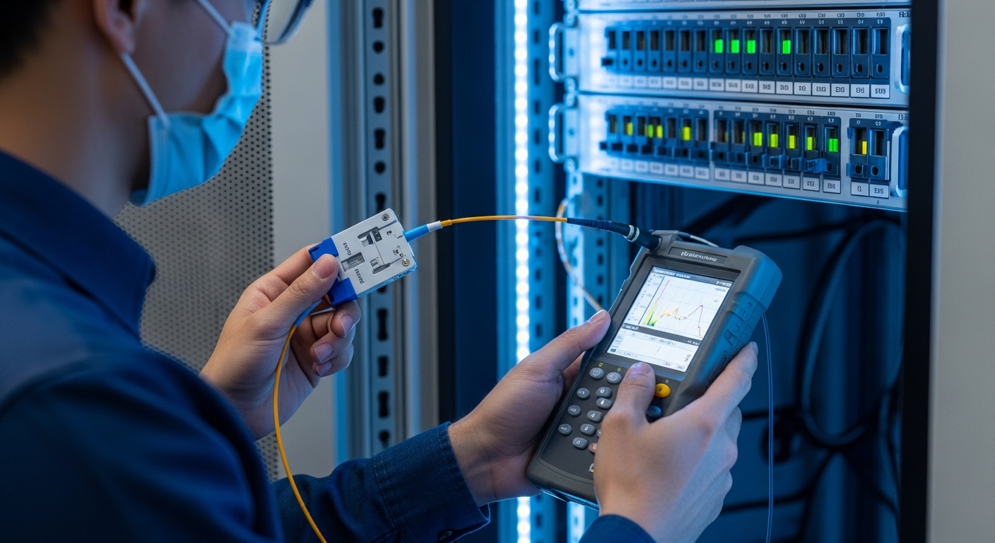 Close-up photography of a technician in a telecom rack doorway holding a fiber patch cable connected to a calibrated optical 