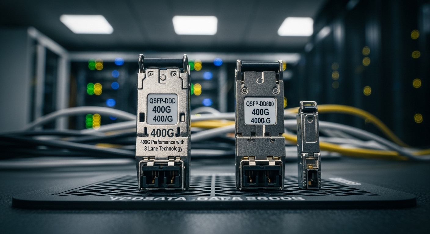 Documentary-style photo of QSFP-DD 400G, 400G QSFP-DD800 Transceivers: 400G Performance with 8-Lane Technology, natural light