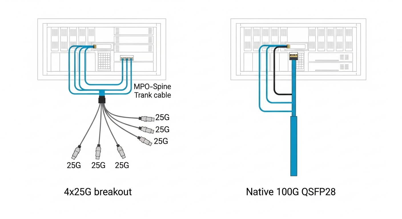 Clean vector illustration showing a leaf-spine rack layout with two options: one cable fanout labeled “4x25G breakout” from a