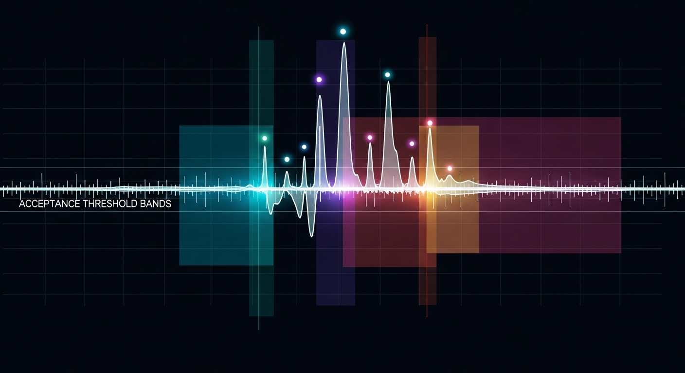 Illustration concept art showing a spectrum analyzer trace overlay on a DWDM frequency grid with highlighted channel centers,