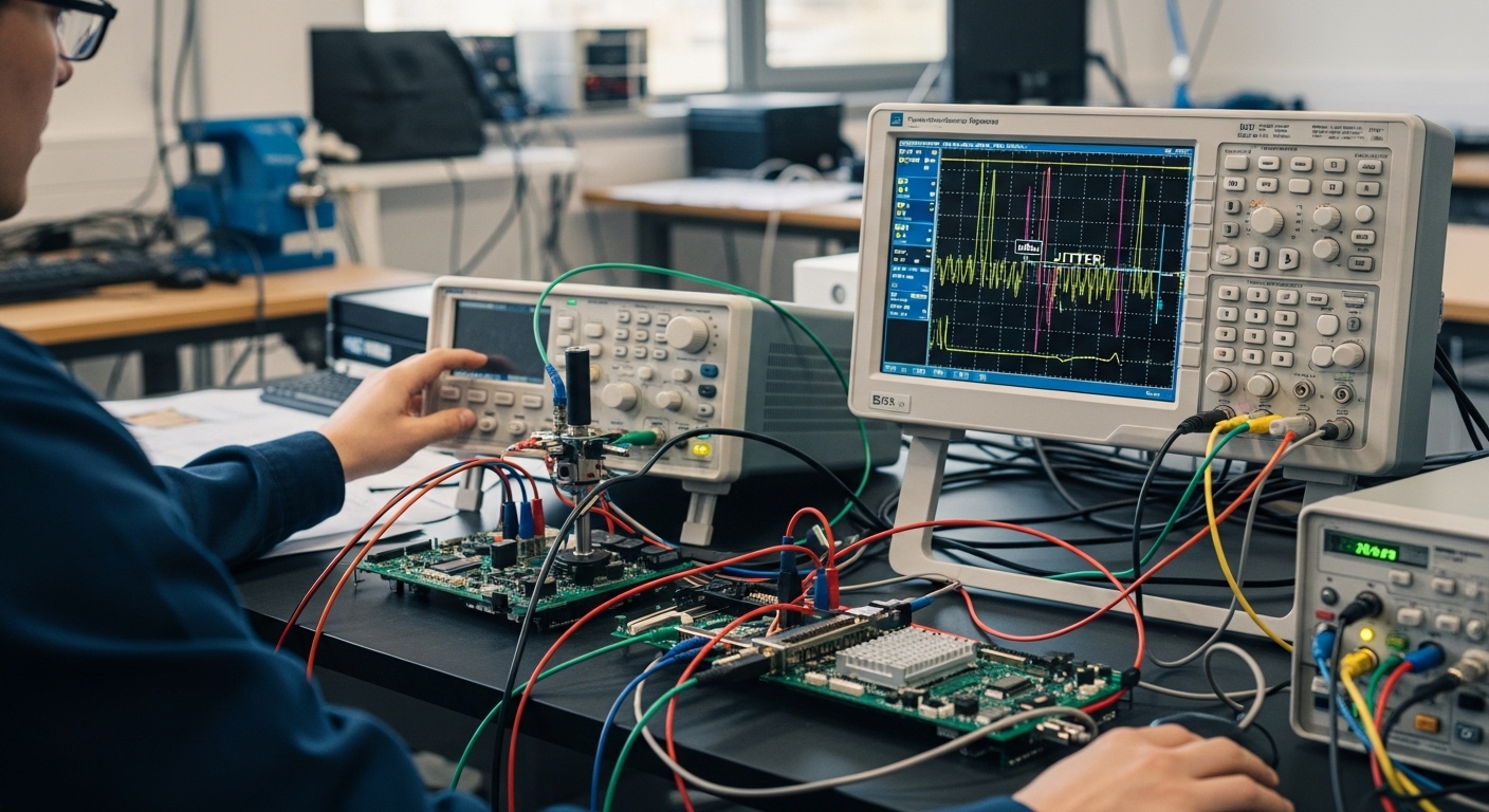 Documentary-style photo of transceiver signal integrity test, Jitter and Eye Diagram Testing for High-Speed Transceivers, nat
