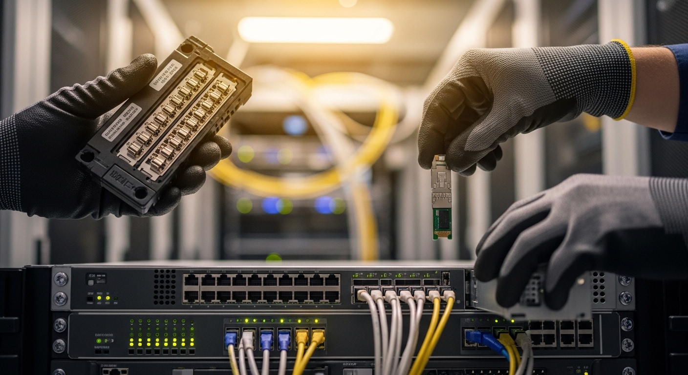 Photorealistic lifestyle scene in a server room aisle: a field engineer wearing ESD-safe gloves holds an MPO/MTP fanout casse