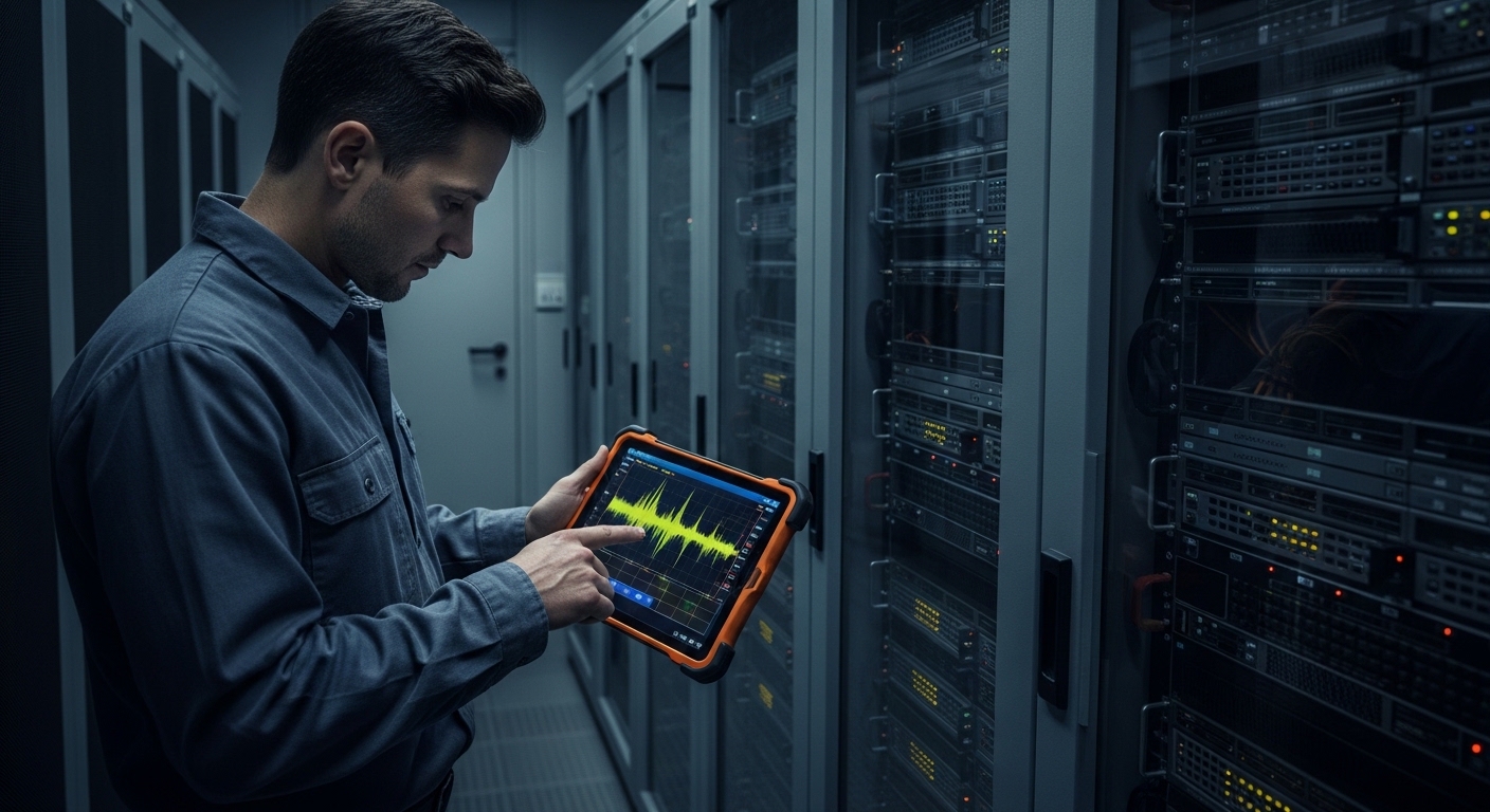 Lifestyle scene in a server room during night shift: an engineer with a rugged tablet reviewing a spectrum trace on a screen 