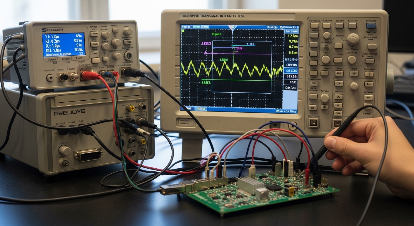 Documentary-style photo of transceiver signal integrity test, Jitter and Eye Diagram Testing for High-Speed Transceivers, nat