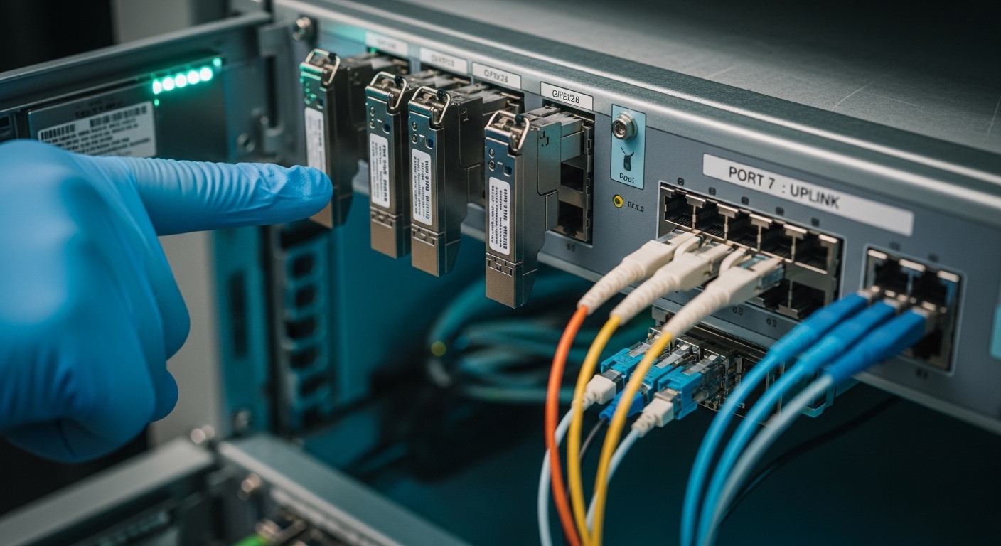 A close-up, photorealistic shot of a rack-mounted fiber switch with the front panel open, showing several optical transceiver